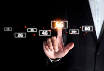 success businessman select on 5g instead of 4g connect to internet online digital technology on...