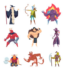 Fairytale characters. Fantasy creatures gremlins orc human warriors demon elf sorcerer giants vector cartoon pictures set. Orc and troll, goblin and witch illustration - obrazy, fototapety, plakaty