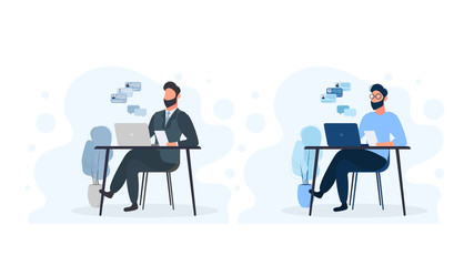 Fototapeta premium A man works on a laptop. The guy is sitting at the table with a laptop. Flat style. Good for image work, office, hiring staff. Vector illustration