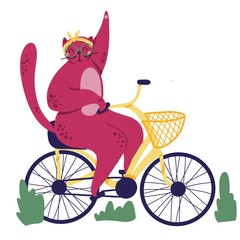Pink fat cat rides on bicycle. Food basket. Outdoor sport s trip. Fitness lifestyle theme. Design elements for cards, posters, t-shirt. Summer vacation