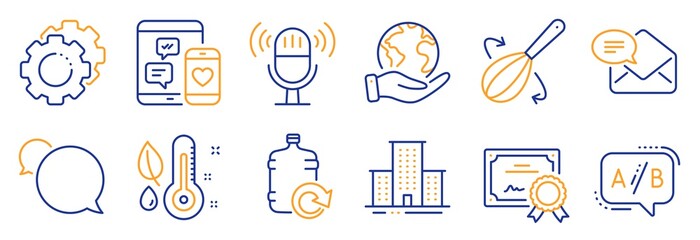 Set of Business icons, such as Microphone, New mail. Certificate, save planet. Messenger, Cooking whisk, Ab testing. Refill water, Settings gears, Social media. Vector