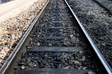 Railway line track. in train station. vintage transportation. way to travel.