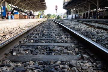 Railway line track. in train station. vintage transportation. way to travel.