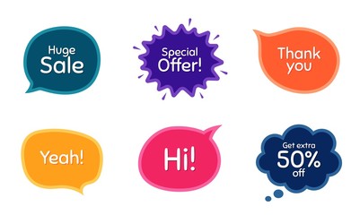 Huge sale, 50% discount and special offer. Colorful chat bubbles. Thank you phrase. Sale shopping text. Chat messages with phrases. Texting thought bubbles. Vector
