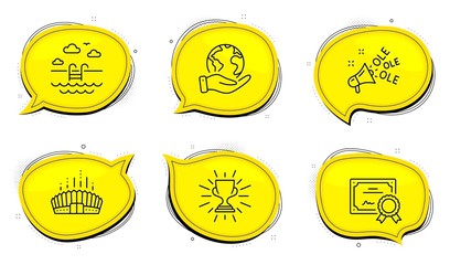 Trophy sign. Diploma certificate, save planet chat bubbles. Swimming pool, Ole chant and Arena stadium line icons set. Basin, Megaphone, Competition building. Winner cup. Sports set. Vector