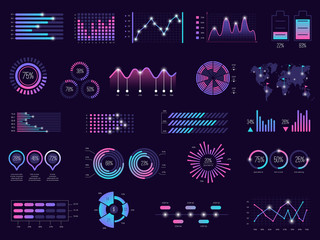 Business infographic. Charts futuristic graphs holographic bar ui panels dark theme vector template. Illustration holographic dashboard, digital graph futuristic, interface report