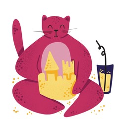 Funny cat building a sand castle on a beach. Suitable for prints, childish t-shirts, books, textile. Illustration of summer vacation and travelling theme.