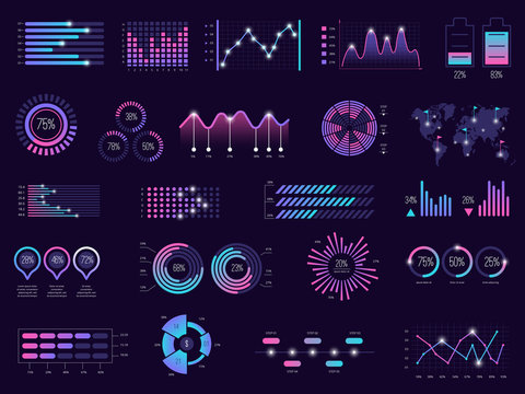 Business infographic. Charts futuristic graphs holographic bar ui panels dark theme vector template. Illustration holographic dashboard, digital graph futuristic, interface report