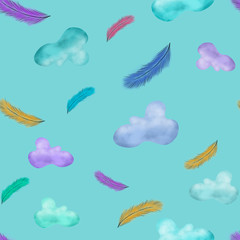 seamless background with clouds and colorful feathers on blue background. Kids, stationery print. Cute pattern. packaging, wallpaper, textile design