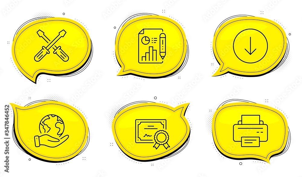 Poster report document sign. diploma certificate, save planet chat bubbles. screwdriverl, printer and scrol