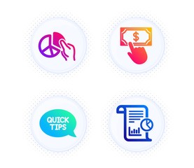 Pie chart, Payment click and Quickstart guide icons simple set. Button with halftone dots. Report sign. Presentation graph, Financial transfer, Helpful tricks. Work analysis. Education set. Vector