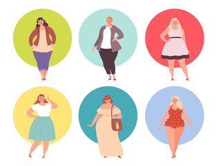 Plus size girls. Fat woman chubby in large clothing vector young people. Plump and big woman, young beauty chubby illustration