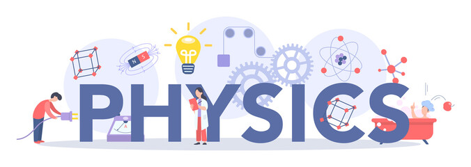 Physics school subject typographic header concept. Scientist explore