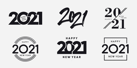 Big Set of 2021 Happy New Year logo text design. 2021 number design template. Collection of 2021 happy new year symbols. Vector illustration with black labels isolated on white background. 