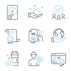Hdd, Seo certificate and Sunny weather line icons set. Diploma certificate, save planet, group of people. Engineer, Medical drugs and Certificate signs. Memory disk, Statistics, Hold sun. Vector