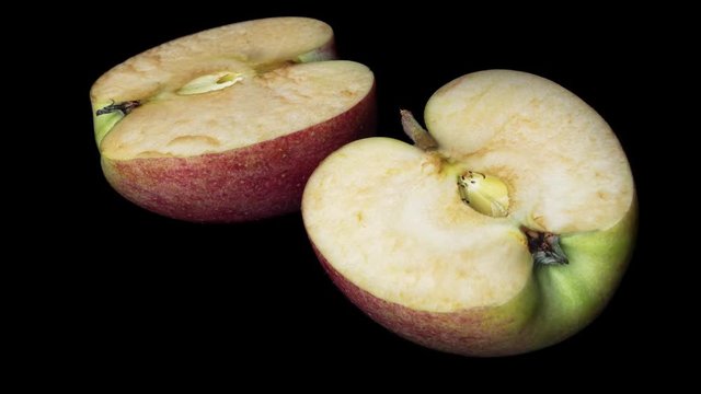 Closeup shot showing apple halves during decomposition process in timelapse