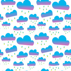 Blue and violet abstract clouds with raindrops seamless pattern.