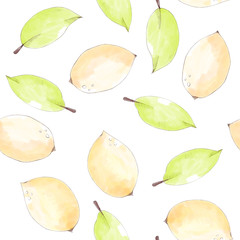 Lemons with green leaves seamless pattern on white.