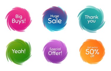 Swirl motion circles. Huge sale, 50% discount and special offer. Thank you phrase. Sale shopping text. Twisting bubbles with phrases. Spiral texting boxes. Big buys slogan. Vector
