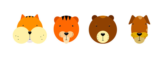 Obraz premium Kawaii animals faces set. Cute hamster, tiger, bear, dog isolated on white background. Stylized animals character. Collection emoji, stickers, prints. Funny emotional pet mascot Vector illustration