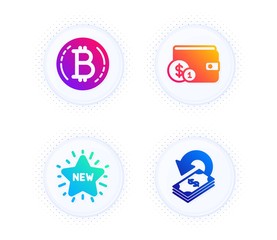 Fototapeta premium New star, Buying accessory and Bitcoin icons simple set. Button with halftone dots. Cashback sign. Shopping, Wallet with coins, Cryptocurrency coin. Financial transfer. Finance set. Vector