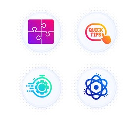Puzzle, Seo timer and Quick tips icons simple set. Button with halftone dots. Atom sign. Engineering strategy, Cogwheel, Helpful tricks. Electron. Science set. Gradient flat puzzle icon. Vector