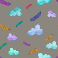 Colorful clouds and feathers on gray background. Seamless pattern. Print, packaging, wallpaper, textile kids, atmosphere design
