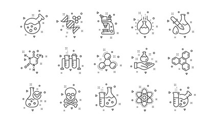 Obraz premium Chemical formula, Microscope and Medical analysis. Chemistry lab line icons. Laboratory test flask, reaction tube, chemistry lab icons. Linear set. Geometric elements. Quality signs set. Vector