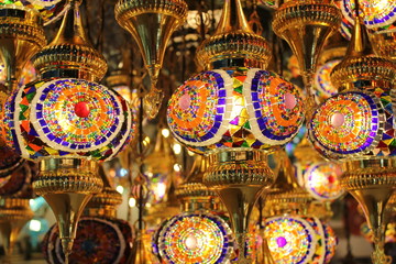 Beautiful decorative oriental lamps common in the Middle East for the Islamic celebration of Ramadan, Eid Al Fitr and Eid Al Adha festivals.