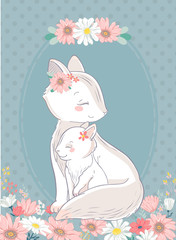 Obraz na płótnie Canvas Banner for Invitation Scrapbook. Baby born and baby shower. Fox mom and baby.
