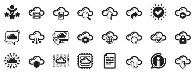 Set of Hosting, Computing data and File storage icons. Cloud data and technology icons. Archive, Download, Share cloud files. Sync technology, Web server, Storage access. Vector