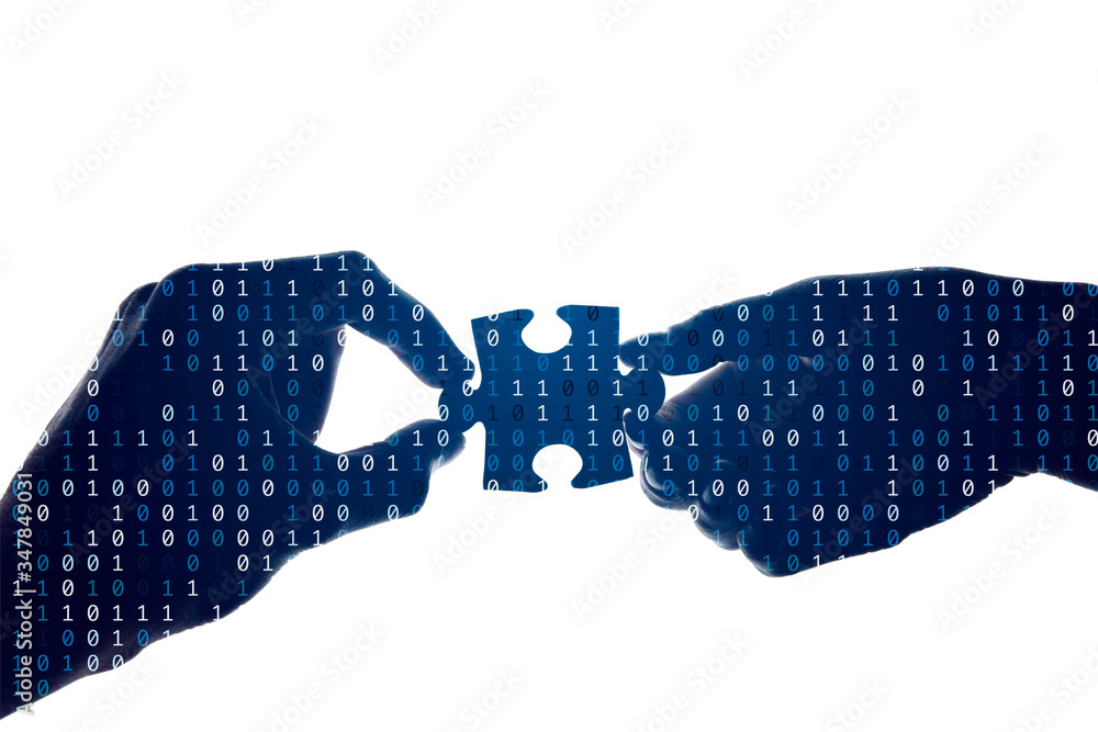 Poster silhouette of a hands holding a jigsaw puzzle piece with binary background