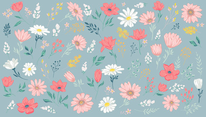Fototapeta na wymiar Vector illustration of petal and flowers. Beautiful set for vintage template invitation, decoration and cards.