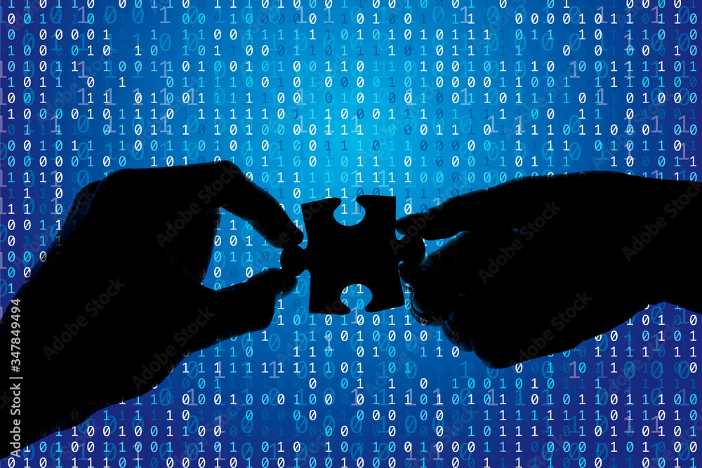 Aufkleber silhouette of a hands holding a jigsaw puzzle piece with binary background