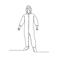 Continuous line drawing of man doctor in protective suit hazmat to protect body from virus and desease. Vector illustration