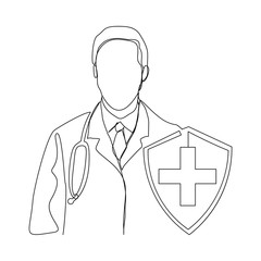 Continuous line drawing of man doctor with protective shield to protect from virus and disease. Vector illustration.