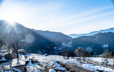 Patnitop a city of Jammu and its park covered with white snow, Winter landscape
