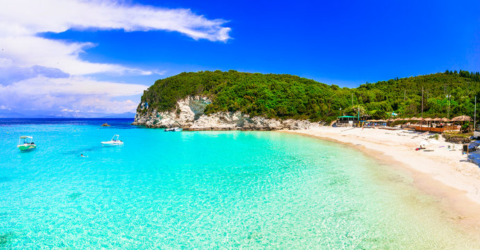 Greece holidays. One of the best beaches of Ionian islands - Vrika in Antipaxos with white sands and turquoise sea