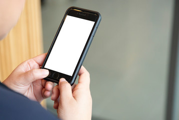 hand holding black phone isolated on white clipping path inside