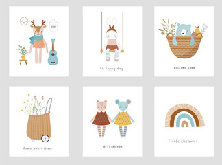 Trendy baby and children illustrations, baby shower cards, invites. Vintage style. Vector illustrations