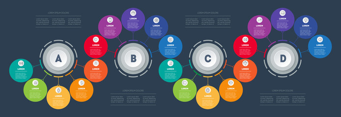 Infographic in the form of wave consisting of 4 segments and 16 parts. Business presentation with options. Brochure design template. Diagram of technology or education process with sixteen steps. © Boris Znaev