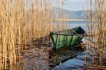 Fishing boat between the grass on beautiful lake. Moored wooden boat in marsh. Landscape. Safari...