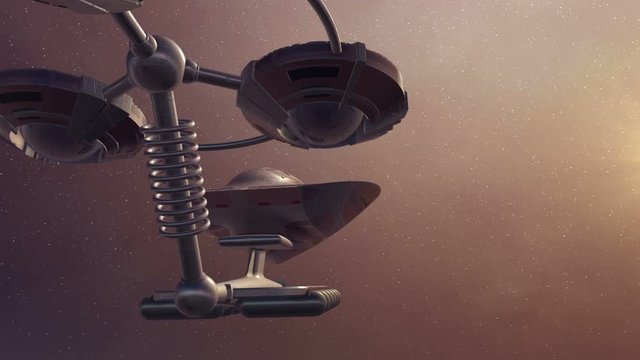 Alien Spaceship Over the Desert. A strange-shaped spaceship slowly flies over the desert landscape of an alien planet. In the dark sky bright stars and dazzling sun.