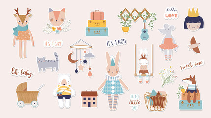 Trendy baby and children illustrations, stickers, tattoos. Vintage style. Vector illustrations