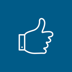 Thumbs Up Line Icon On Blue Background. Blue Flat Style Vector Illustration