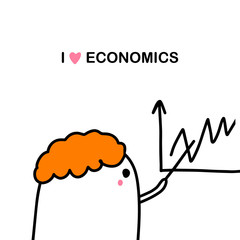 I love economics hand drawn vector illustration in cartoon comic style man showing curves