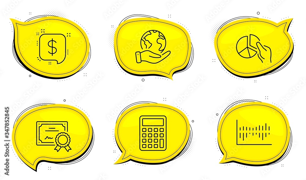Poster pie chart sign. diploma certificate, save planet chat bubbles. column diagram, calculator and paymen
