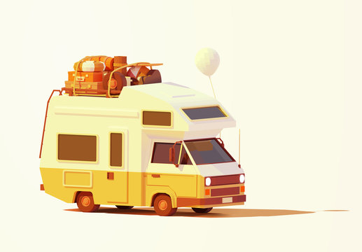Vector retro camper van or RV illustration. Caravan loaded with luggage ready for road trip or travel to seaside. Classic motorhome or recreational vehicle
