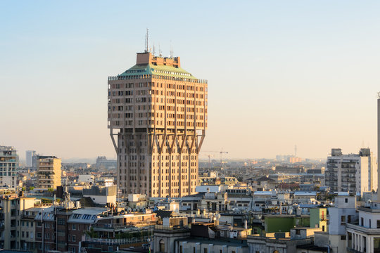 Milano, Italy, march 22, 2019: from the roof top of the Duomo church. Velasca tower a symbol of the city