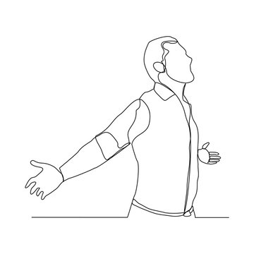 Continuous line drawing of happy man open hand palm feel free. Vector illustration
